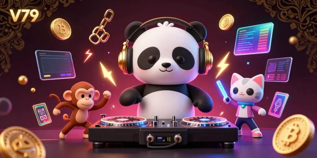 Experience the vibrant energy of V79 with a DJ panda, dancing monkey, and rave kitten surrounded by crypto elements.