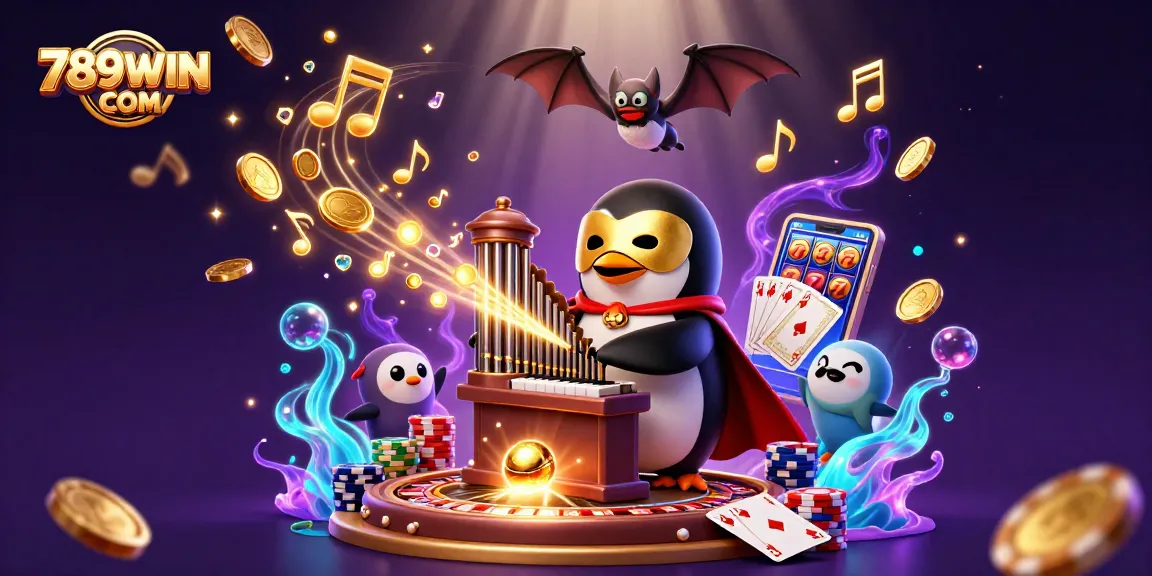 Win big at 789WIN COM with exciting casino games, featuring a penguin playing organ and gold coins flying everywhere.