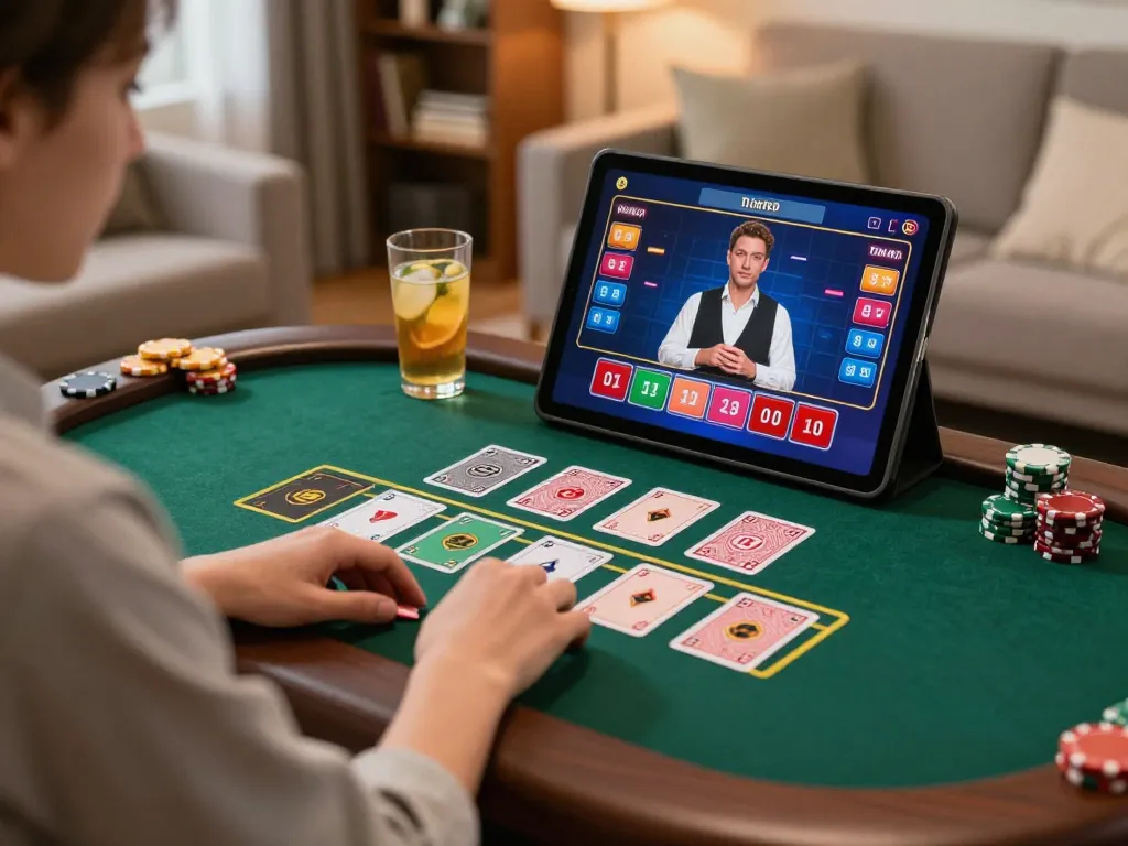 Playing live dealer blackjack on a tablet at home while engaging with aw8's online casino experience