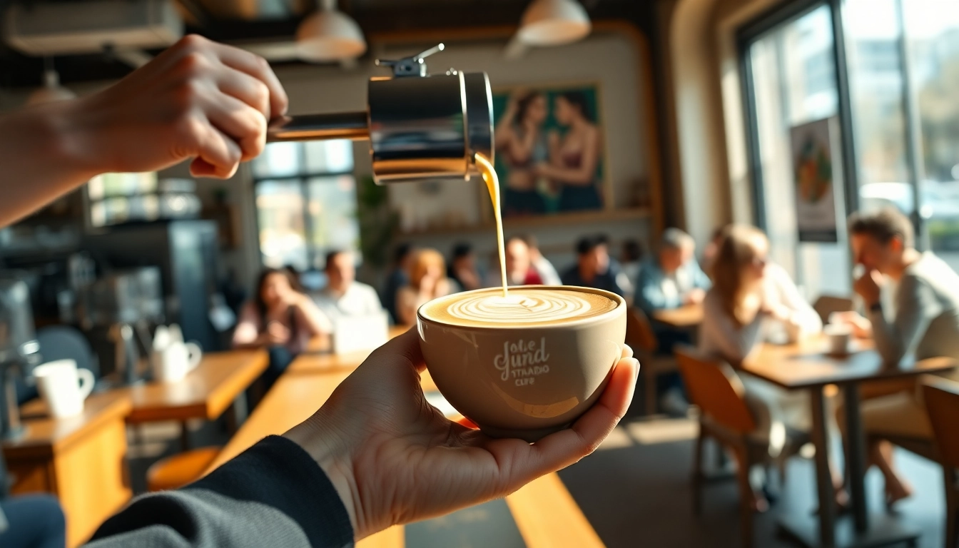 Enjoying a finely crafted beverage at a Coffee shop Madrid with a barista pouring latte art.