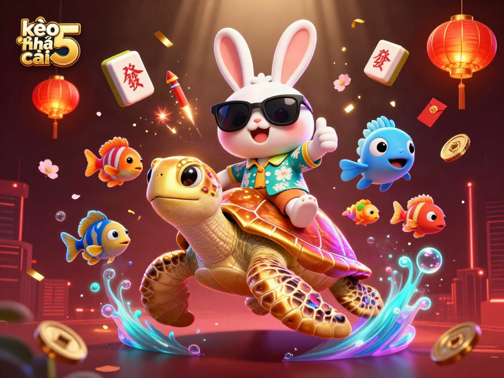 Place bets with kèo nhà cái 5 in a vibrant 3D casino scene featuring cartoon characters.