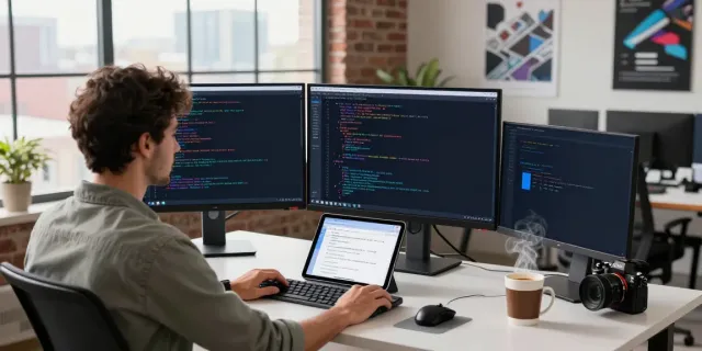 Developer utilizing instant indexing tools at a dual-monitor setup in a bright tech office.