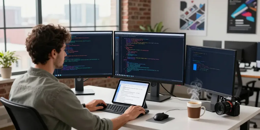 Developer utilizing instant indexing tools at a dual-monitor setup in a bright tech office.