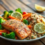 Enjoy a balanced plate of healthy food featuring grilled salmon, fresh vegetables, and quinoa salad.