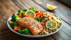 Enjoy a balanced plate of healthy food featuring grilled salmon, fresh vegetables, and quinoa salad.