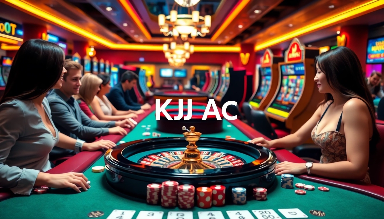 Dynamic scene of players at KJC AC casino tables with poker chips and slot machines.