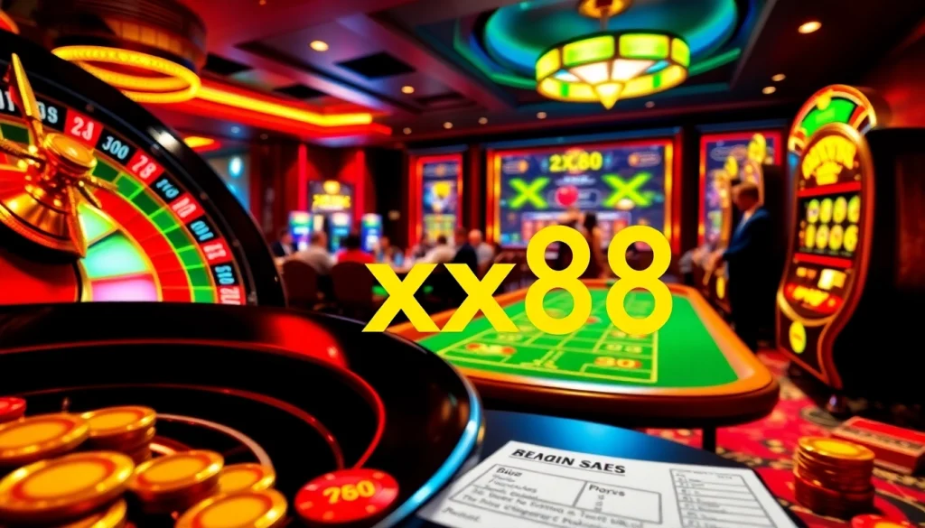 Experience the thrill of xx88 with vibrant casino tables and joyful players in a luxury gambling scene.