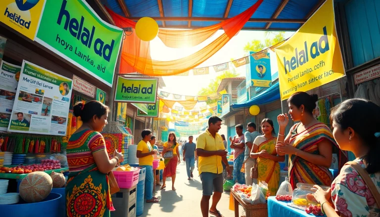 Engaging scene of a local Sri Lankan market promoting Hela Ad personal ads with vendors and customers.