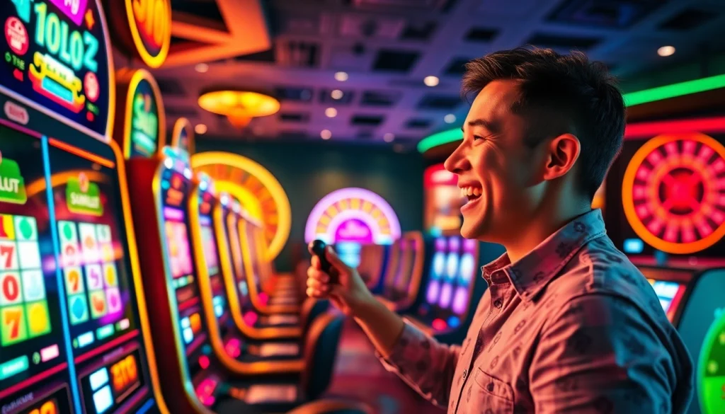 Excited player engaging with a Slot Terpercaya machine in a vibrant casino setting.
