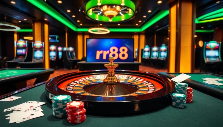 Experience the thrill of online gaming with the rr88 link, featuring vibrant casino tables and digital interfaces.