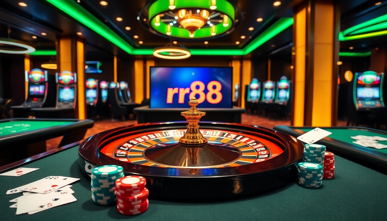 Experience the thrill of online gaming with the rr88 link, featuring vibrant casino tables and digital interfaces.