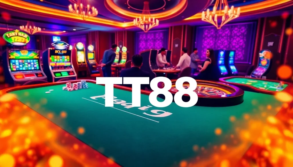 Experience thrilling gambling action at TT88 with vibrant poker chips and slot machines.