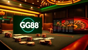 Engaging casino scene showcasing GG88's dynamic betting platform with poker chips and roulette wheel.