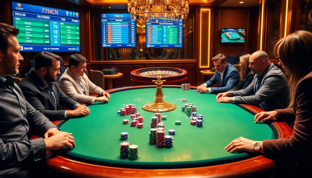 Players placing strategic bets at a luxurious casino table with live odds from 7mcn.