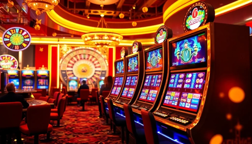Players enjoying Slot777 machines in a vibrant casino setting filled with excitement.