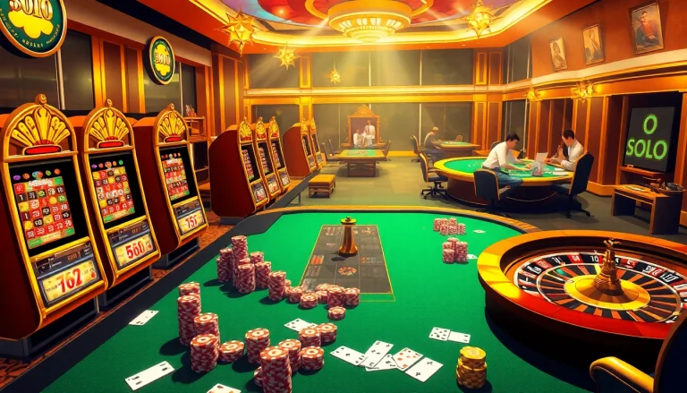 Exciting online gambling scene featuring vibrant doaslot slot machines and poker tables.