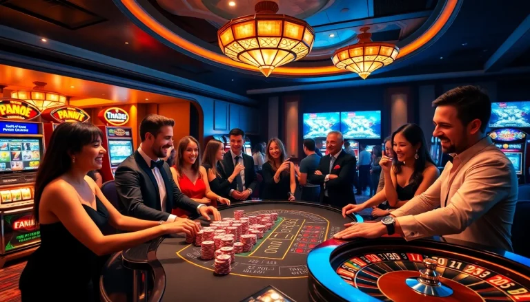 Engaging in thrilling games at thabet77.sa.com, showcasing vibrant casino visuals with poker chips and slot machines.