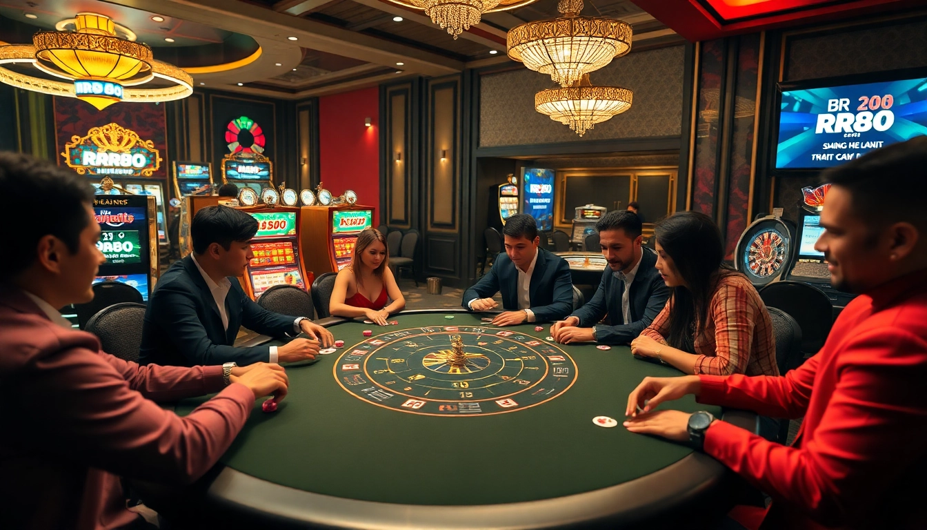 Exciting casino scene showcasing rr88 đăng nhập with poker games, vibrant chips, and roulette wheel.