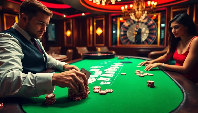 Ingantbola players strategizing in a vibrant casino setting with poker chips and cards.