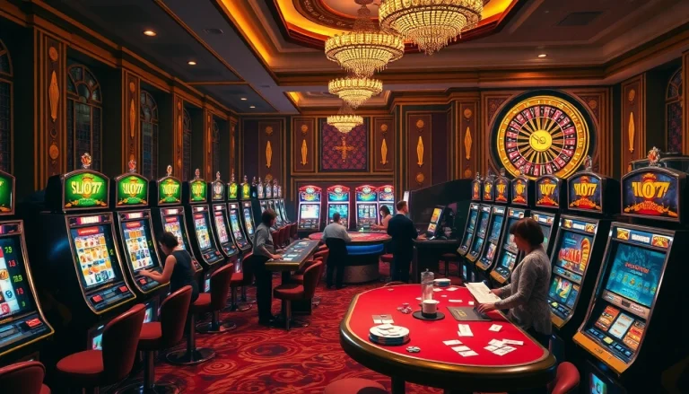 Players enjoying their time at Slot777 machines in a luxurious casino environment.