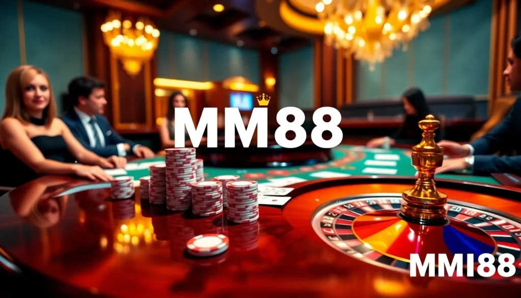 Engaged players strategizing at an MM88 poker table, surrounded by luxurious casino decor.