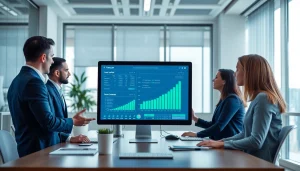 Illustration of logo lem yenileme ücreti in a modern office with professionals discussing financial software.