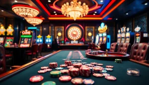 A casino gambling scene at https://98wincom.best/ showcasing players at a poker table filled with chips and cards.