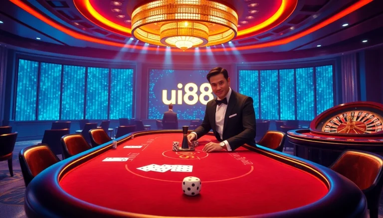 Engaging casino scene featuring uu88 with poker chips, cards, and a roulette wheel for an exciting experience.
