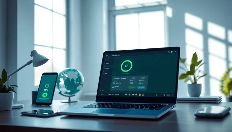 现代笔记本上的快连官网界面，代表快速 VPN 连接与全球访问。