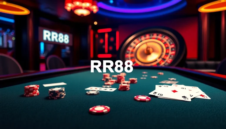 Experience the luxury of testing your luck at RR88's virtual poker table with vibrant chips and cards.