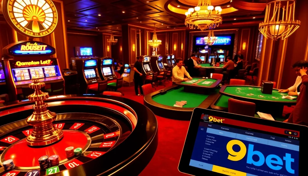 Experience the thrill of 9bet with players engaged at a luxurious casino table, vibrant chips, and a roulette wheel.