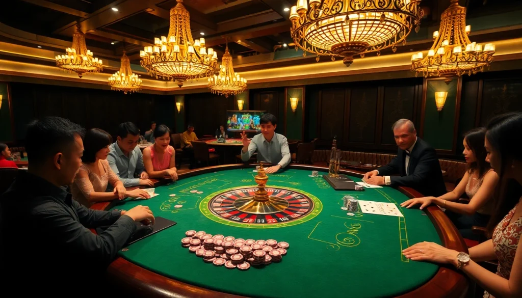 Players engaging at the luxurious 98Win casino table, featuring vibrant poker chips and cards.