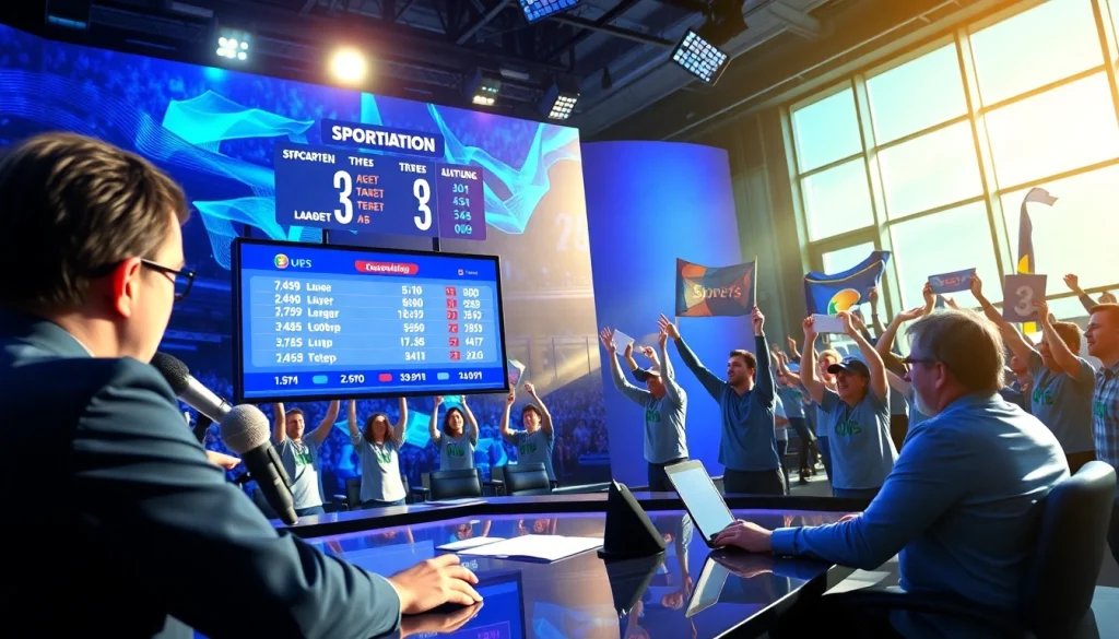 Dynamic sports broadcasting studio with vibrant visuals and an engaging host.