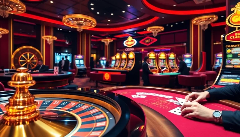 Gamblers enjoying a thrilling game at a GG88 casino with vibrant slot machines and poker tables.
