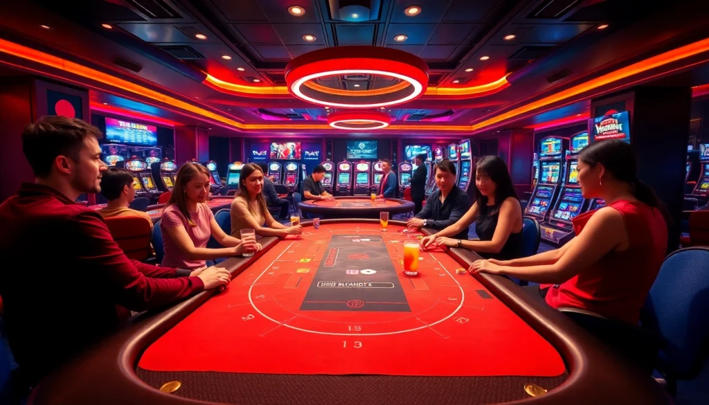 Casino gaming scene at w88.nyc featuring Baccarat, Blackjack tables, and vibrant slot machines.