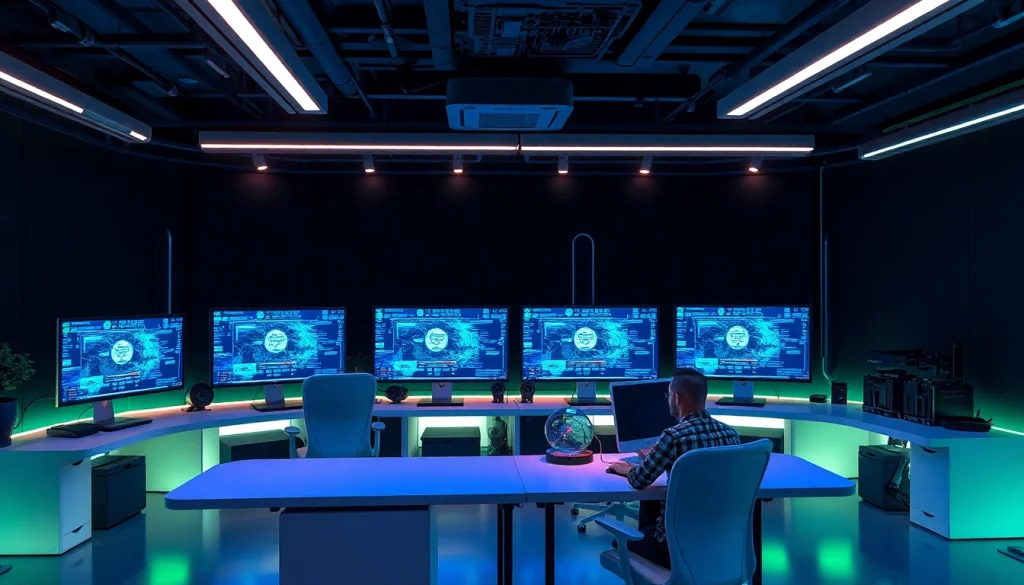 Innovative game AI development studio showcasing advanced technology and teamwork.