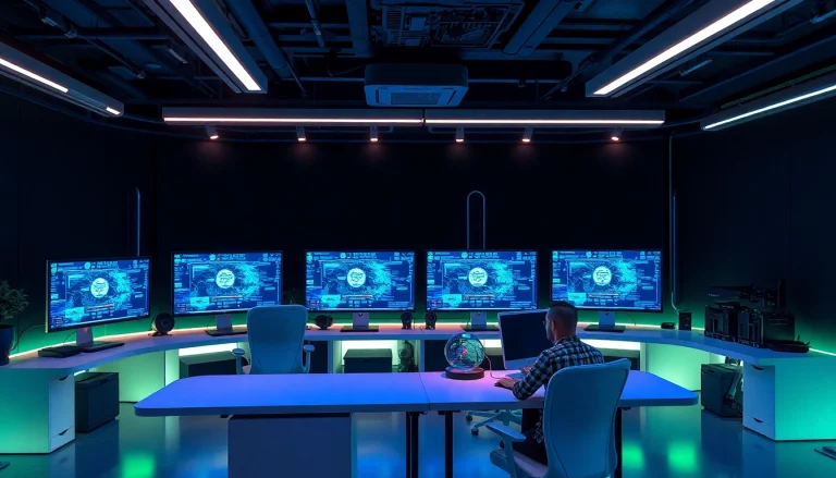 Innovative game AI development studio showcasing advanced technology and teamwork.