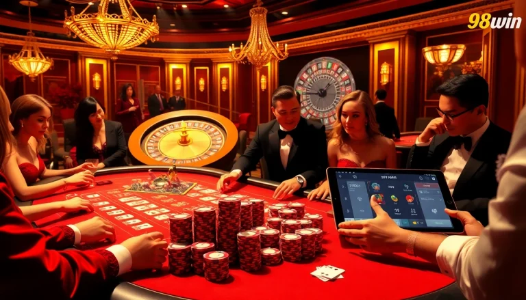 Immerse yourself in the 98win casino experience with players at a luxurious poker table amidst vibrant colors and gambling excitement.