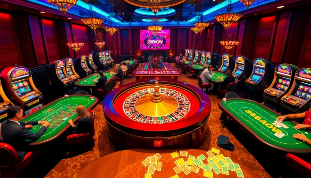 Players place bets at casino tables promoting link 888NOW, showcasing excitement and luxury.