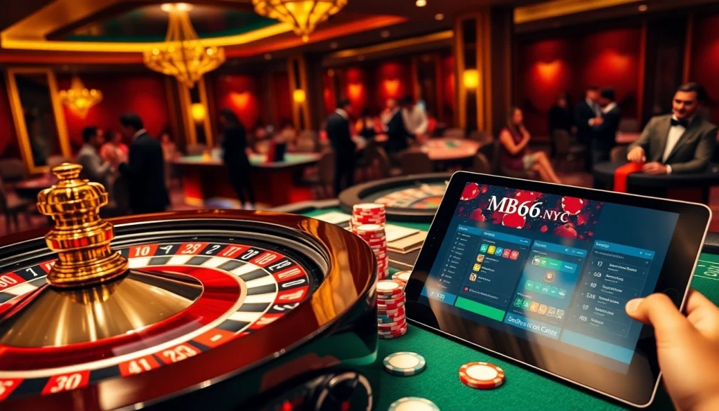 Having fun playing at mb66.nyc with poker chips and a roulette wheel in a luxurious casino setting.