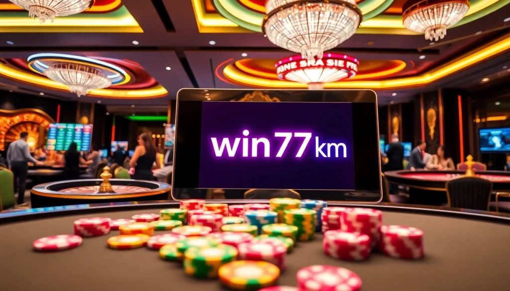 The thrilling atmosphere of win79 km casino with vibrant slot machines and poker tables.