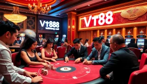 Experience the thrilling atmosphere at Vt88 nhà cái with vibrant poker chips and an exciting gaming table.