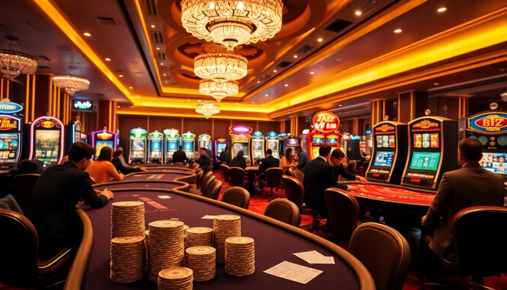 Players enjoying high-stakes games at the b52 club casino, surrounded by vibrant slot machines.