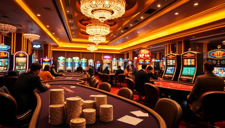 Players enjoying high-stakes games at the b52 club casino, surrounded by vibrant slot machines.