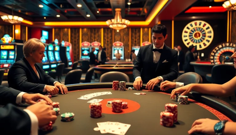 Competitive players enjoying high-stakes poker at nhà cái 32Win with vibrant casino elements.