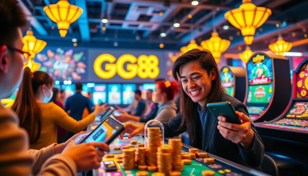 Exciting scene featuring players at GG88com enjoying secure online gaming experiences, representing engagement and vibrant atmosphere.