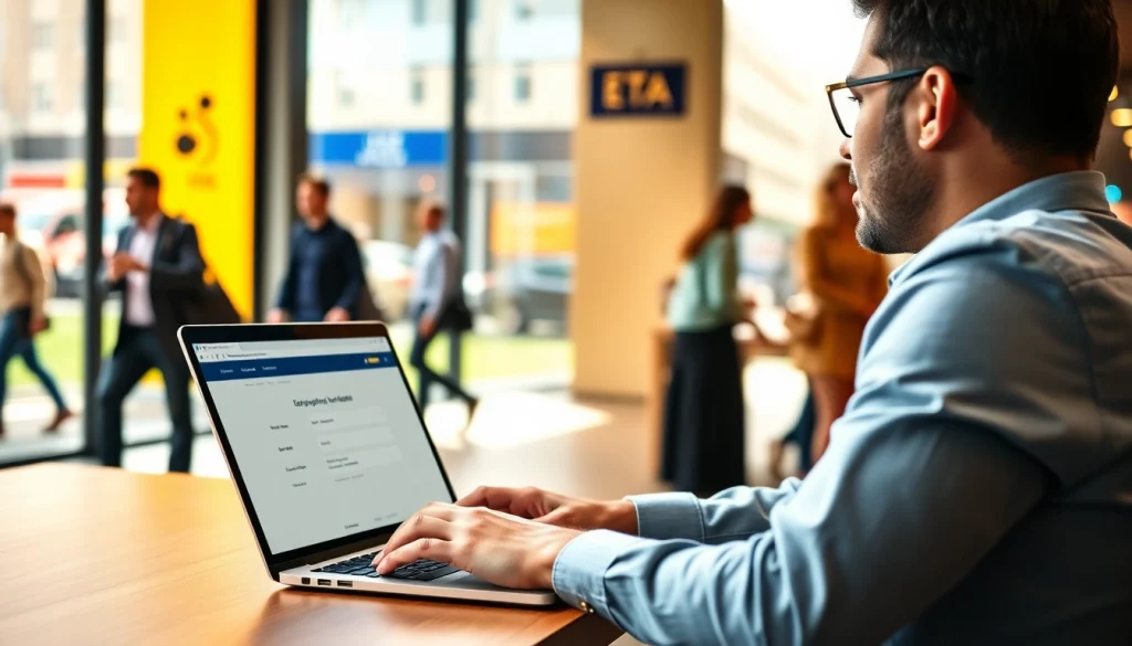 Streamlined eta application uk process at a coffee shop with a traveler using a laptop.