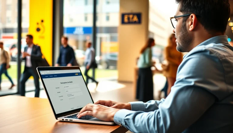 Streamlined eta application uk process at a coffee shop with a traveler using a laptop.