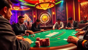 A high-stakes poker game at 13 Win casino, featuring vibrant chips and elegant cards.