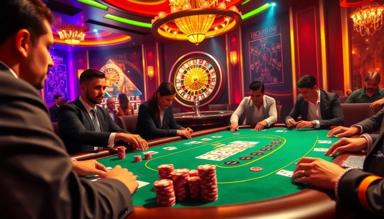 A high-stakes poker game at 13 Win casino, featuring vibrant chips and elegant cards.